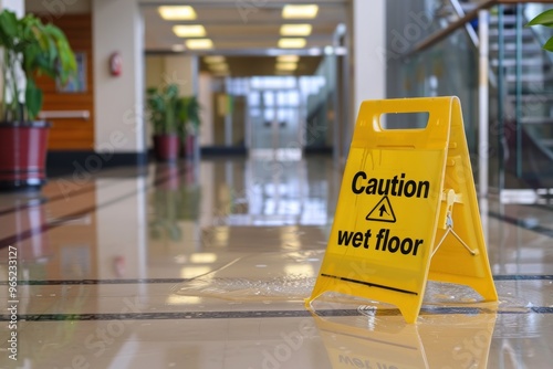 Caution wet floor warning sign in bright office hall