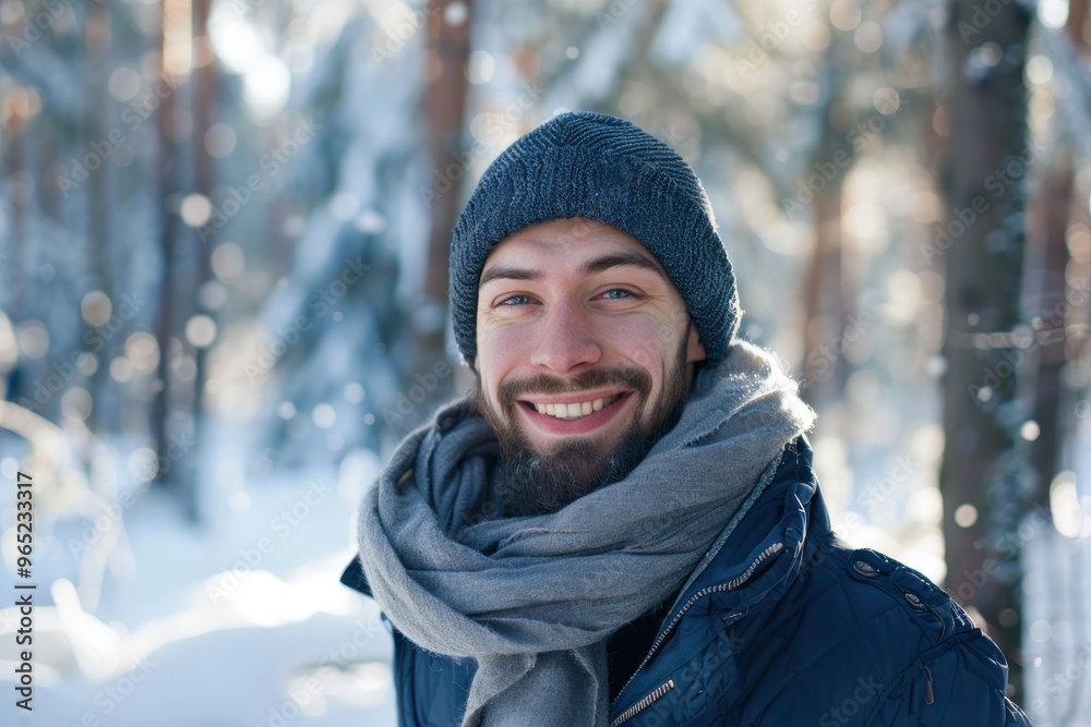 cheerful man with scarf and hat smiling in winter forest cheerful man with scarf and hat smiling in winter forest