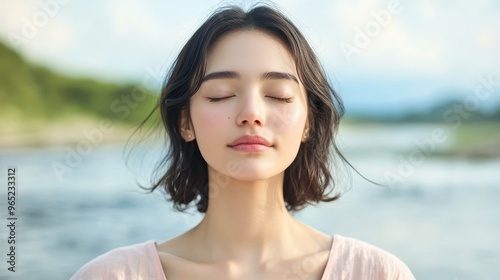 Serene Japanese Model Meditating by Whimsical River, Embracing Inner Peace and Balance - Close-up Portrait of Tranquility and Meditation