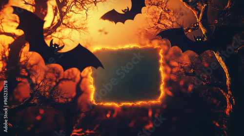 Fiery halloween frame with bats.  dark, spooky, and festive, this image is perfect for halloween projects. photo