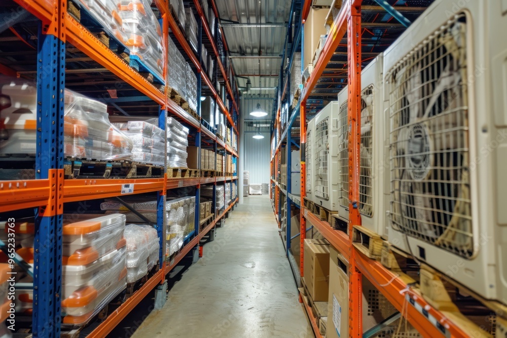 Chilled room with shelves and racks for frozen food storage. Wall-mounted air conditioning. Warehouse item storage Chilled room with shelves and racks for frozen food storage. Wall-mounted air conditioning. Warehouse item storage