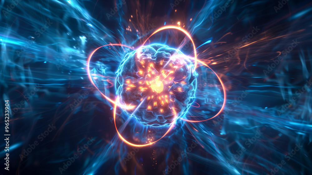 Fototapeta premium Abstract representation of an atomic or subatomic particle explosion