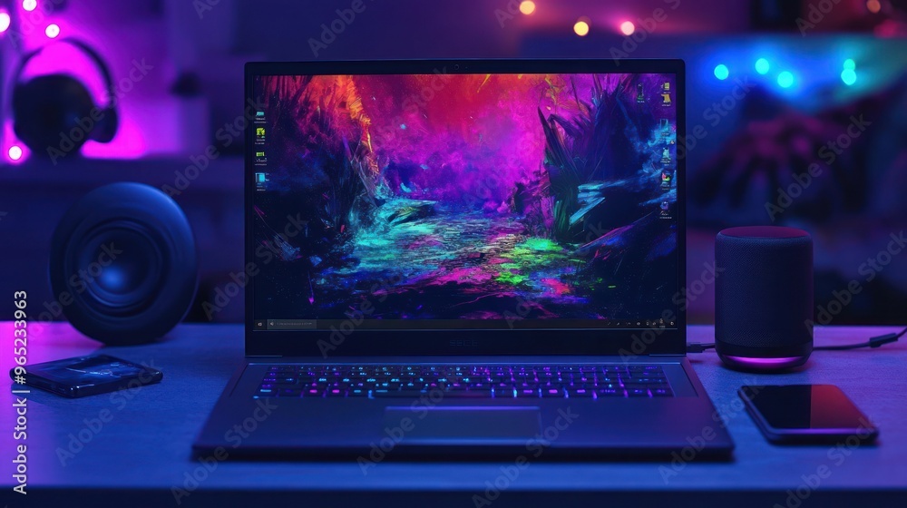 Laptop with Colorful Wallpaper and Neon Lights Laptop with Colorful Wallpaper and Neon Lights