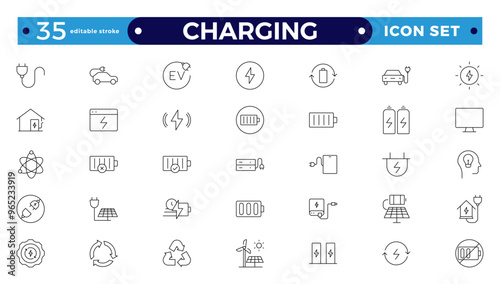 Charging Outline icon set. Containing charge, battery, energy, electricity, charger, recharge, electric car, and charging station icons. Editable stroke outline icon.