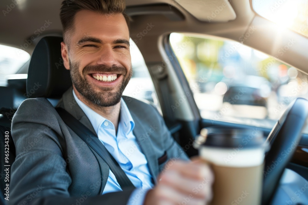 Close up of smiling businessman driving car while drinking coffee Close up of smiling businessman driving car while drinking coffee