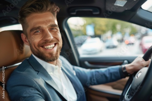 Close up of smiling businessman driving car while drinking coffee