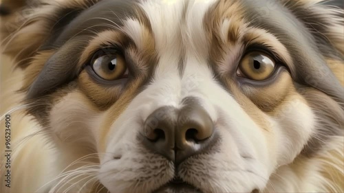 Detailed close-up portrait of a multicolored dog with large, attentive eyes and perked ears, capturing its alert and curious expression. Perfect for animal lovers and pet-related content. photo