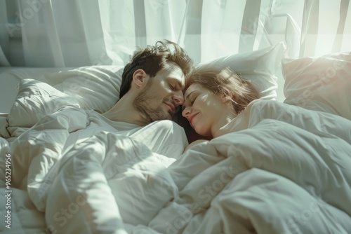 Close up Young beautiful and loving couple wake up while lying on white pillows under the covers on soft white bed