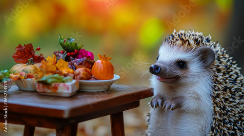 Cute Hedgehog Enjoying A Miniature Autumn Feast. photo