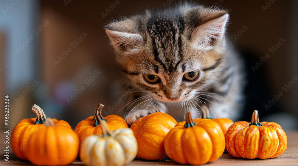 Curious Kitten And Autumn Pumpkins. A Playful Kitten Looks At Tiny Pumpkins With Big, Curious Eyes. Curious Kitten And Autumn Pumpkins. A Playful Kitten Looks At Tiny Pumpkins With Big, Curious Eyes.