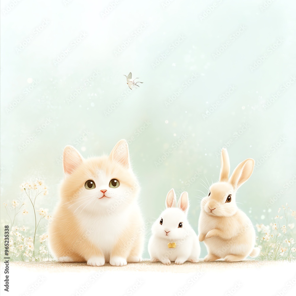 Adorable animal trio featuring a fluffy cat and two cute rabbits on a soft, pastel background with flowers and a butterfly. Adorable animal trio featuring a fluffy cat and two cute rabbits on a soft, pastel background with flowers and a butterfly.