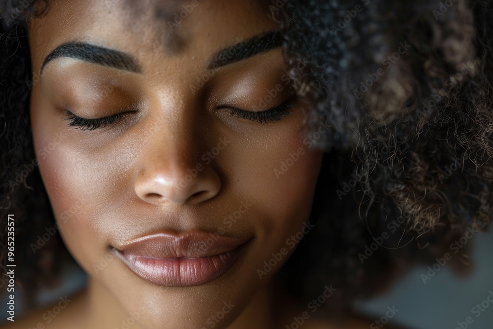 Close-up portrait of a serene black woman with closed eyes, emphasizing the texture and beauty of her skin