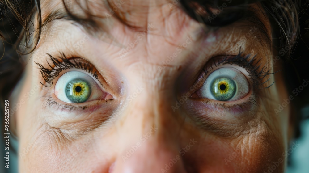 middle aged women with huge green eyes with a look of shock and happiness on her face middle aged women with huge green eyes with a look of shock and happiness on her face