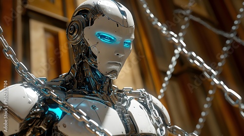 A humanoid robot with chains evolving into legal text, emphasizing the unyielding grip of law close up, law and order theme, realistic, Multilayer, courtroom backdrop photo