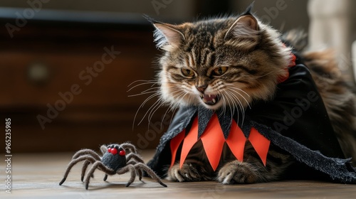 Halloween Cat In A Cape, Fangs Out, Scared Of A Spider Toy