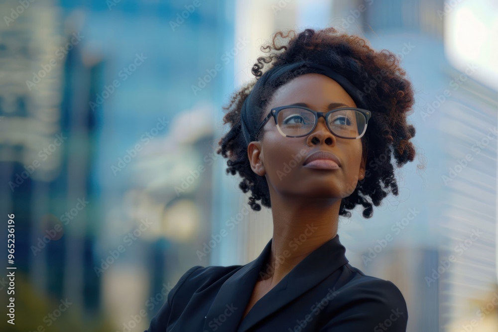 Obraz premium Confident rich black business woman executive standing in modern big city dreaming of future business success