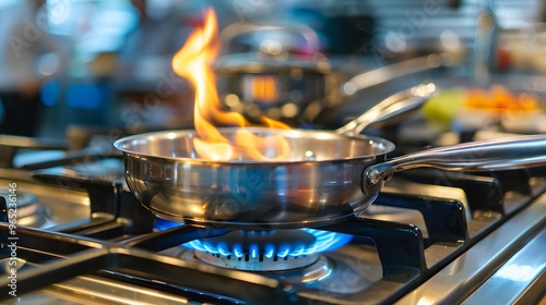 Fototapeta Naklejka Na Ścianę i Meble -  Close up of a stainless steel pot on a gas stove with flames igniting.