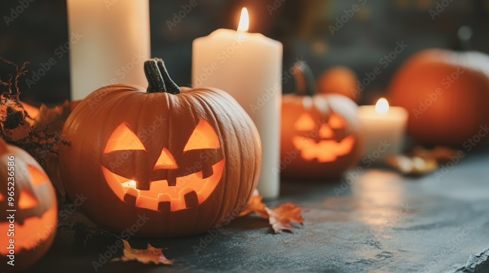 Halloween Pumpkins And Candles On Wooden. Halloween Pumpkins And Candles On Wooden.
