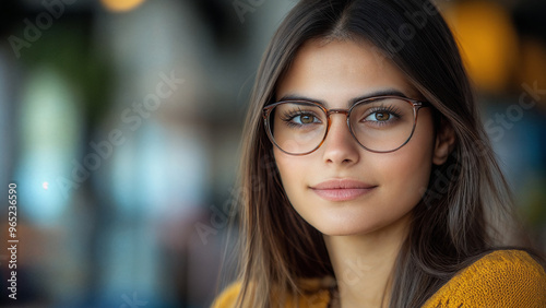 Confident smiling young professional woman 30s with glasses in corporate office environment