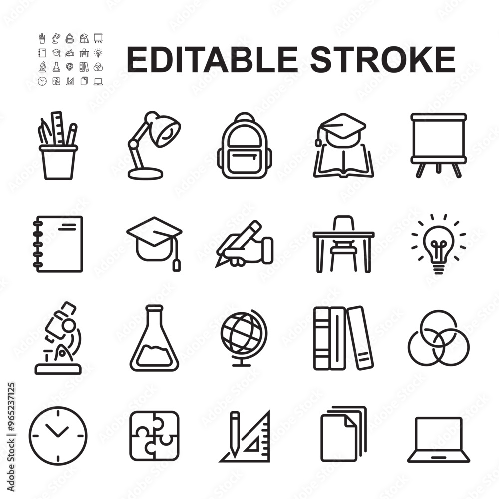 Collection of learning related icons in line style. Contains icons such as book, school bag, laptop and more. Collection of learning related icons in line style. Contains icons such as book, school bag, laptop and more.