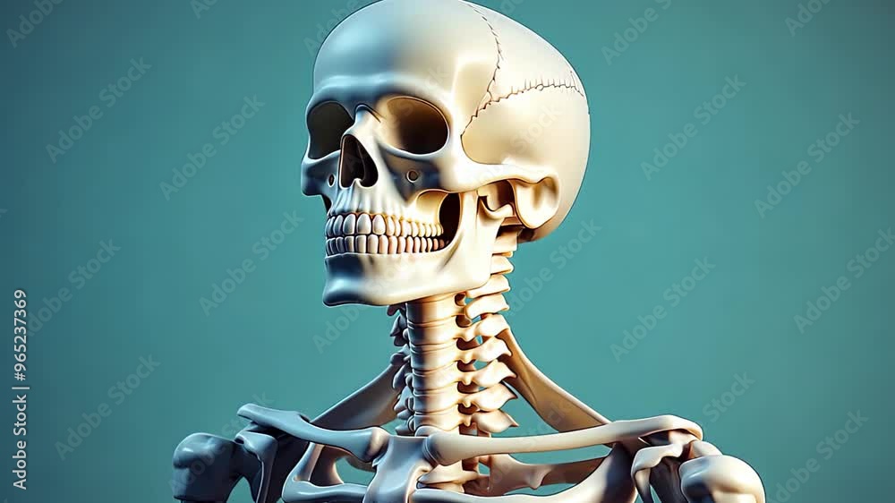 Detailed 3D render rotating human skull and neck skeleton on turquoise background for medical study Detailed 3D render rotating human skull and neck skeleton on turquoise background for medical study