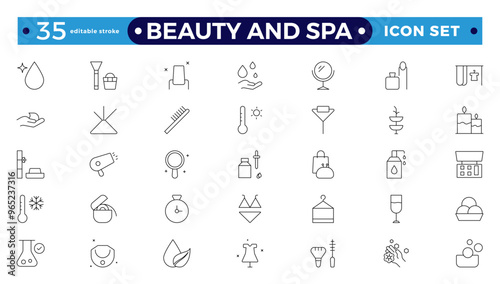Beauty and Spa line icon set. Containing sauna, aromatherapy, treatment, yoga, skincare and wellness icons. Editable stroke outline icon collection. 
