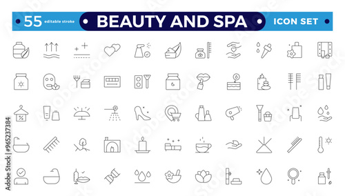 Beauty and Spa line icon set. Containing sauna, aromatherapy, treatment, yoga, skincare and wellness icons. Editable stroke outline icon collection. 
