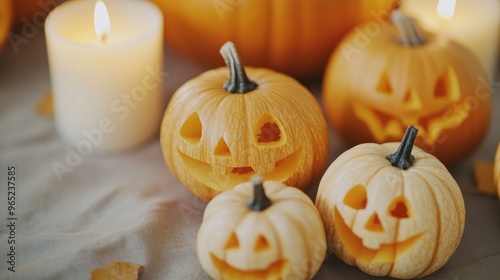 Halloween Pumpkins And Candles On Wooden.