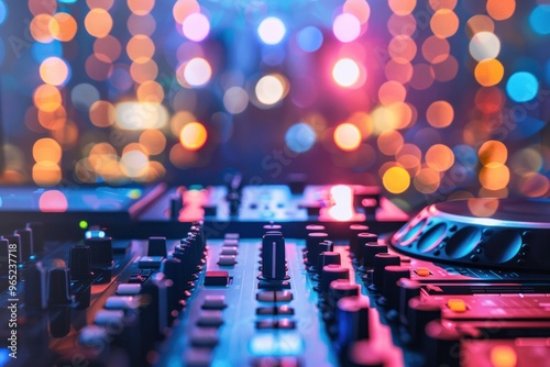dj control on a mixer table in a disco club, colorful bokeh background photo