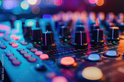 dj control on a mixer table in a disco club, colorful bokeh background photo