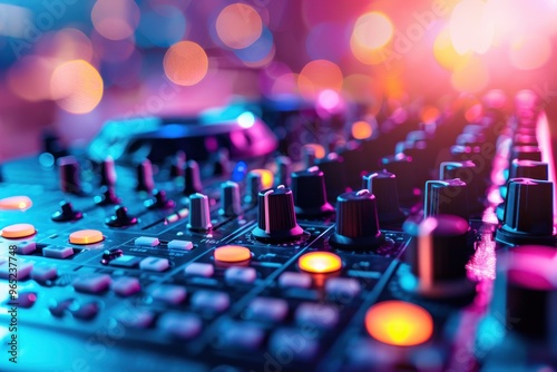 dj control on a mixer table in a disco club, colorful bokeh background photo