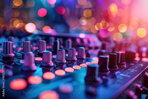 dj control on a mixer table in a disco club, colorful bokeh background photo