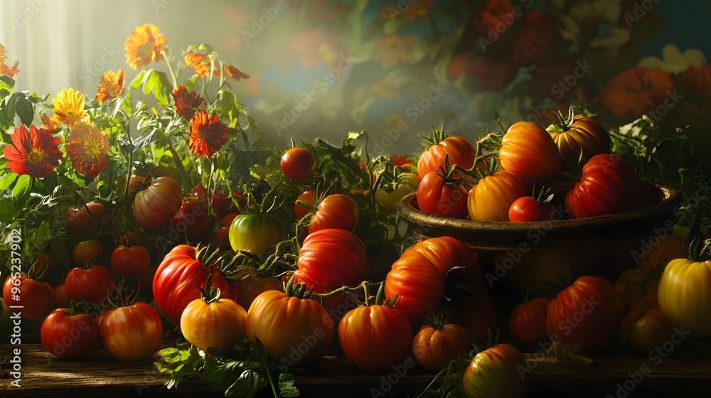 A Still Life of Ripe Tomatoes with a Wooden Bowl, A Still Life of Ripe Tomatoes with a Wooden Bowl,