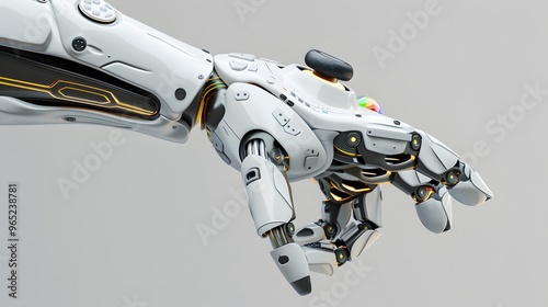 A robotic hand with a controller in its palm, poised to press a button, showcasing futuristic technology.