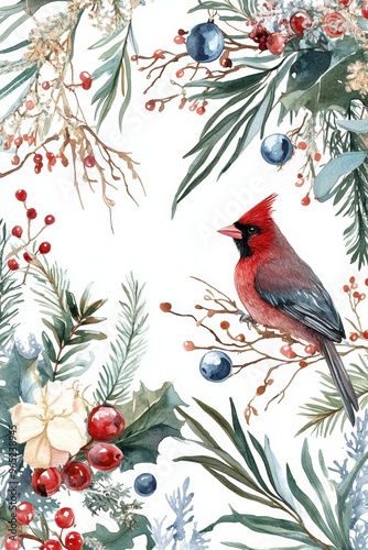 Beautiful Watercolour Australian Christmas Card with Native Flora and Decorations Generative AI