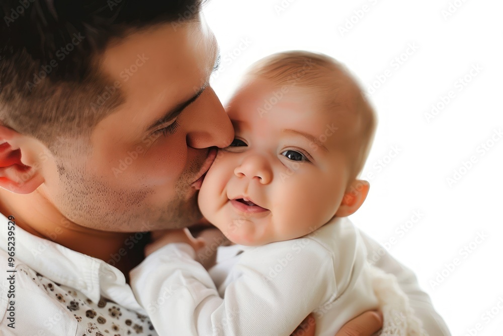 Father Kissing Newborn Baby Tenderly Isolated on white background Father Kissing Newborn Baby Tenderly Isolated on white background