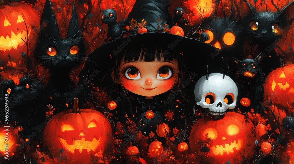 A playful Halloween vector of cartoon witches, bats, and friendly skeletons, on a white background A playful Halloween vector of cartoon witches, bats, and friendly skeletons, on a white background