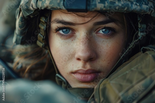 female soldier emerges, eyes brimming with courage, offering a cinematic view that emphasizes her detailed face photo