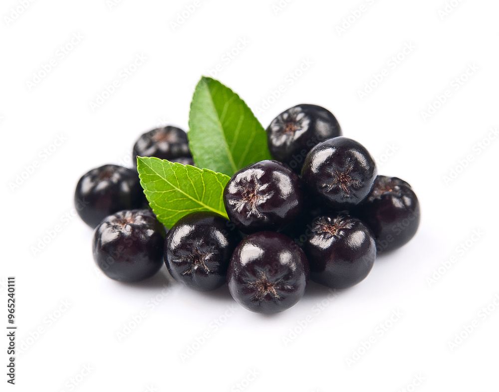 Aronia berries with leaves on white backgrounds Aronia berries with leaves on white backgrounds