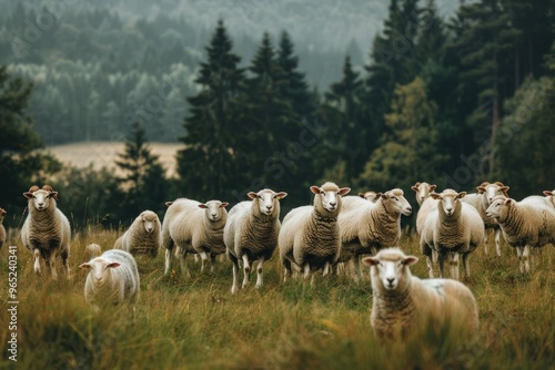 flock of sheep on field. livestock photo