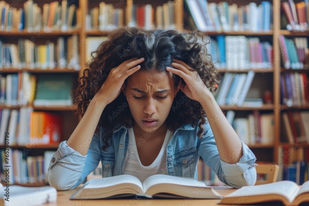 girl sitting at a bright modern library table with shelves of books in the background girl sitting at a bright modern library table with shelves of books in the background