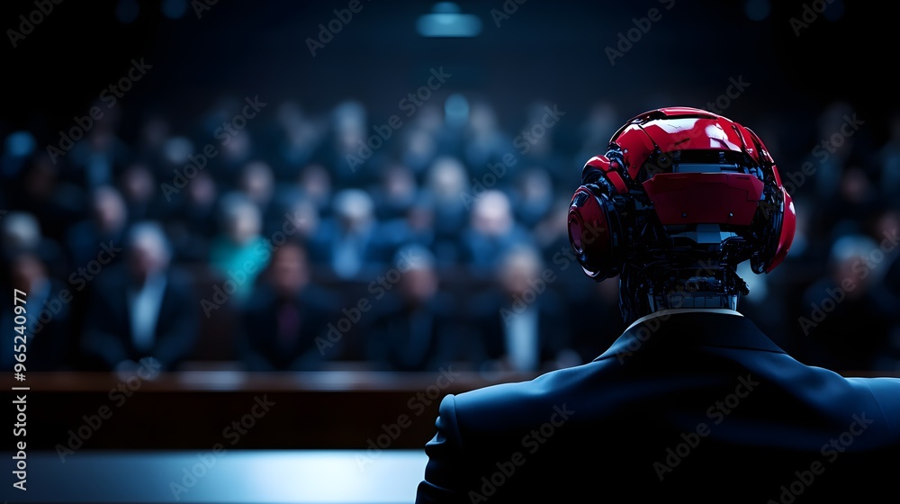 A futuristic robot standing in front of a panel of judges, constrained by the laws of robotics, contemplating ethical dilemmas selective focus, ethics in AI, realistic, Overlay, courtroom backdrop A futuristic robot standing in front of a panel of judges, constrained by the laws of robotics, contemplating ethical dilemmas selective focus, ethics in AI, realistic, Overlay, courtroom backdrop