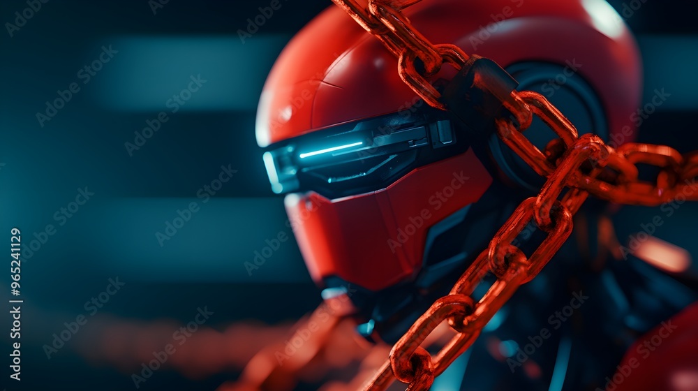 Naklejka premium A humanoid robot entangled in chains that seamlessly shift into legal text, illustrating the inevitability of legal constraints selective focus, societal control theme, vibrant, Overlay, law library b