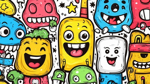 Cheerful Cartoon Characters in Doodle Style