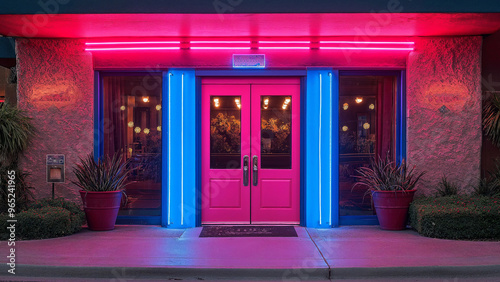 Vintage neon-lit entrance with pink and blue glow, Retro nightclub urban street facade exterior concept lighting