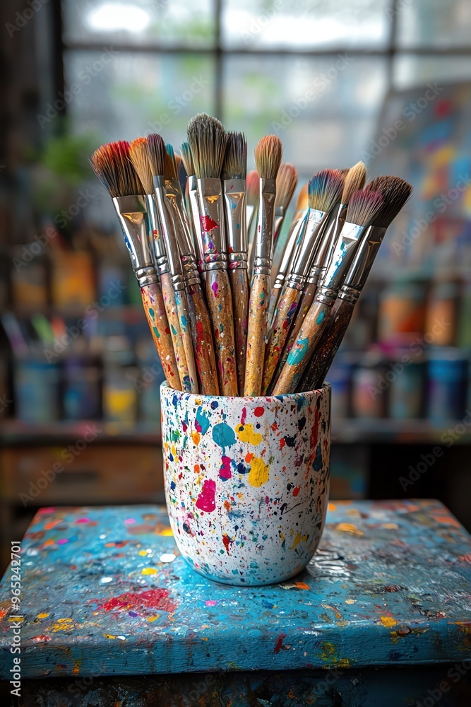 A paintsplattered cup holding brushes on a colorful artists workspace A paintsplattered cup holding brushes on a colorful artists workspace