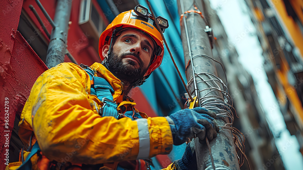 Obraz premium Electrician in Hydraulic Lift Repairing Wires on Utility Pole