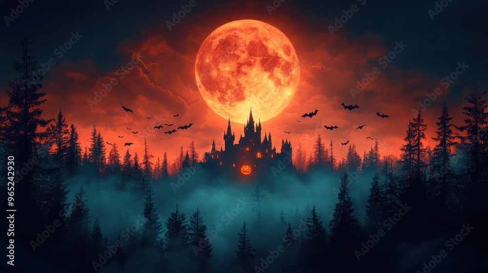 A spooky castle under a full Halloween moon, with dark clouds and bats flying, isolated on a white background A spooky castle under a full Halloween moon, with dark clouds and bats flying, isolated on a white background