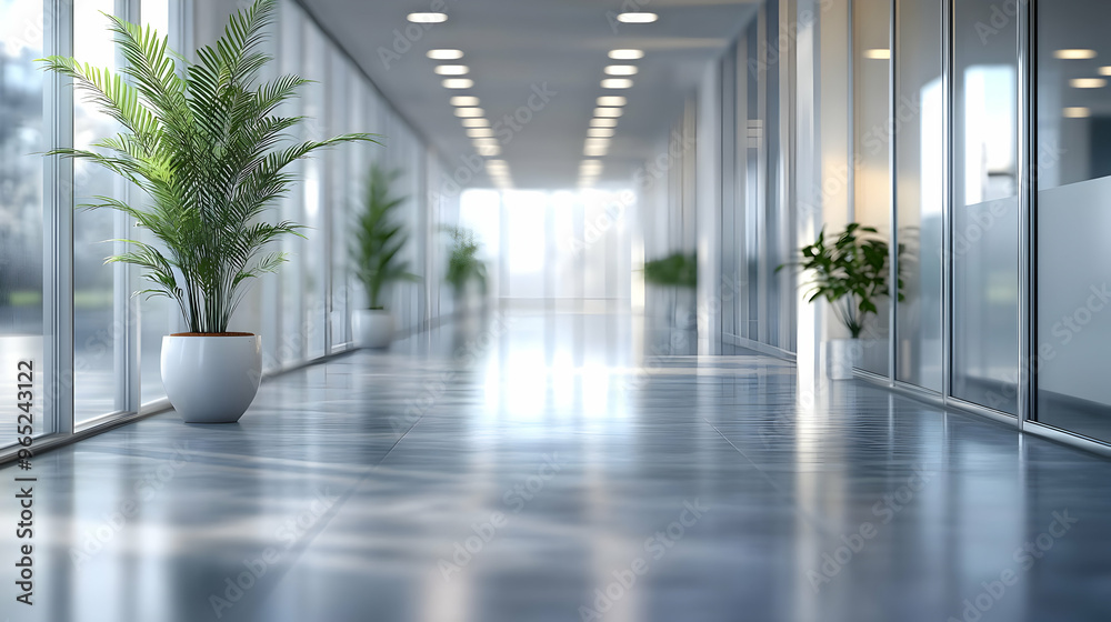 Modern Office Interior Illustration: Bright Hallway with Potted Plants and Sunlight Modern Office Interior Illustration: Bright Hallway with Potted Plants and Sunlight