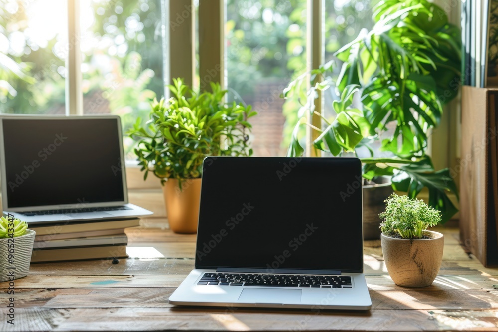 Home office empty white laptop screen on wooden table Home office empty white laptop screen on wooden table